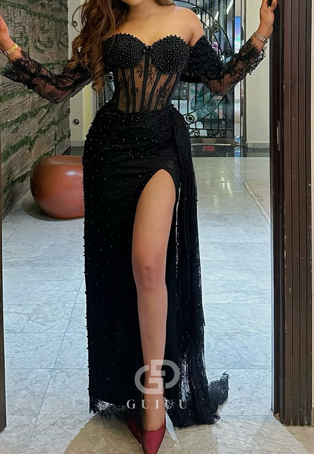 Black Long Sleeves Sweetheart Corsert Tulle Slit Prom Dress