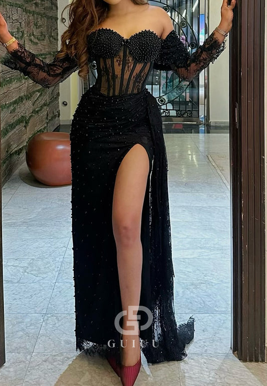 Black Long Sleeves Sweetheart Corsert Tulle Slit Prom Dress