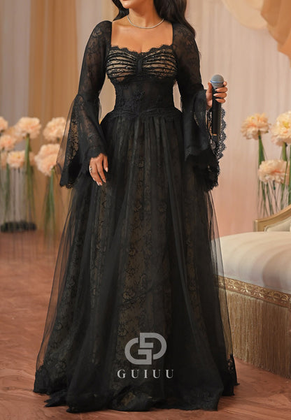 Black Long Sleevs Sweetheart Corset A-Line Evening Dress