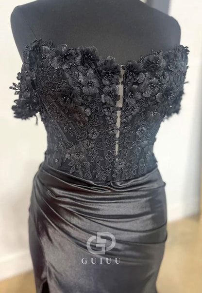 Black Mermaid Appliques Pleated Long Prom Dress with Slit