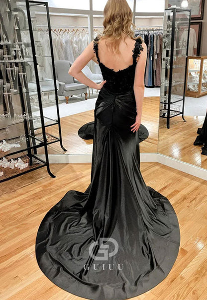 Black Mermaid Appliques Pleated Long Prom Dress with Slit