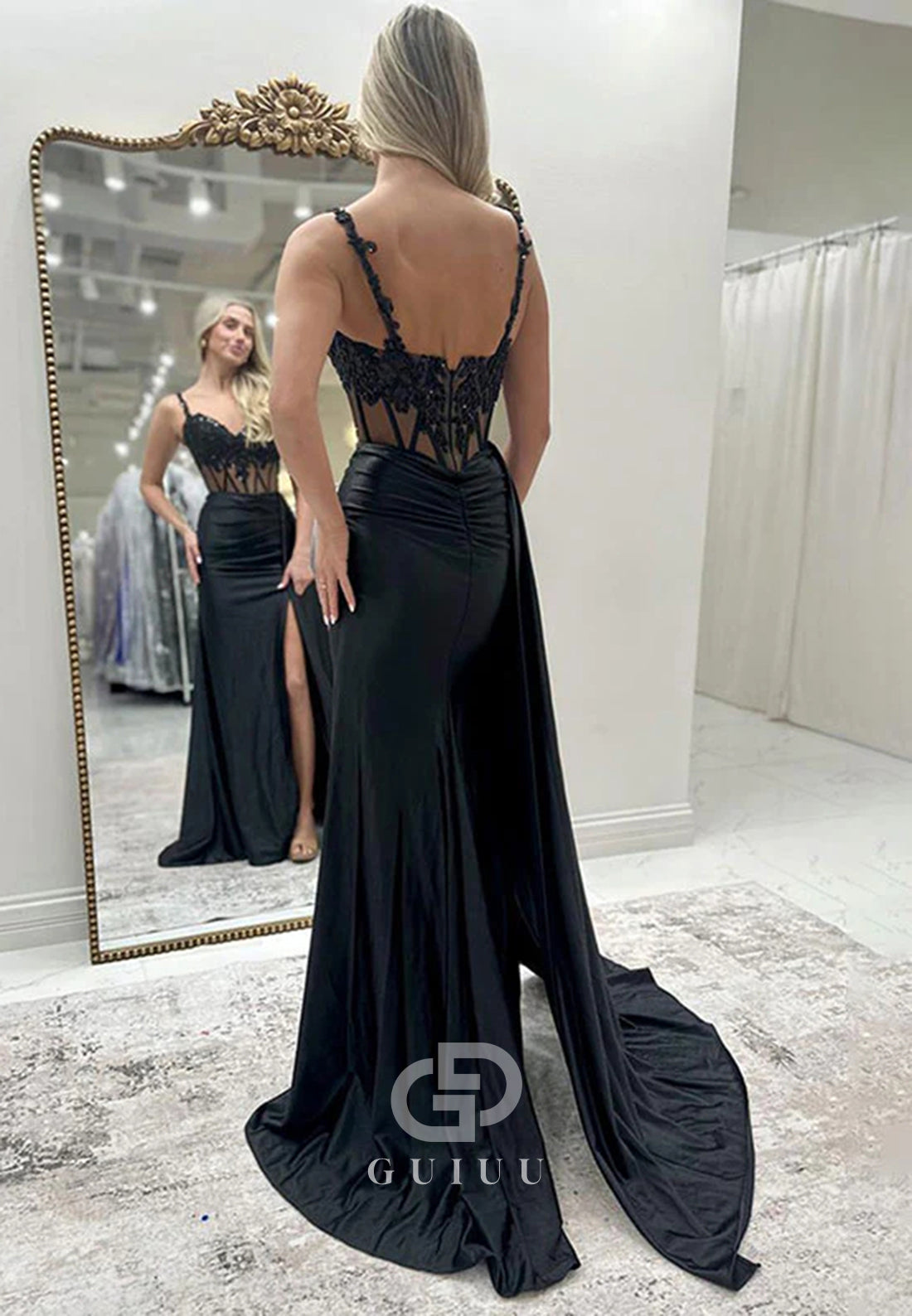Spaghetti Straps Mermaid Corset Side Cape Long Prom Dress with Slit