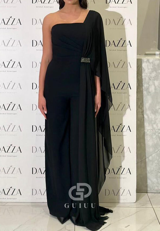 Black One Shoulder Long Shoulder Beaded Ruched Evening Dress