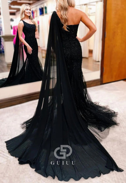 Black Beaded Mermaid Lace One Shoulder Long Prom Dress With Shawl