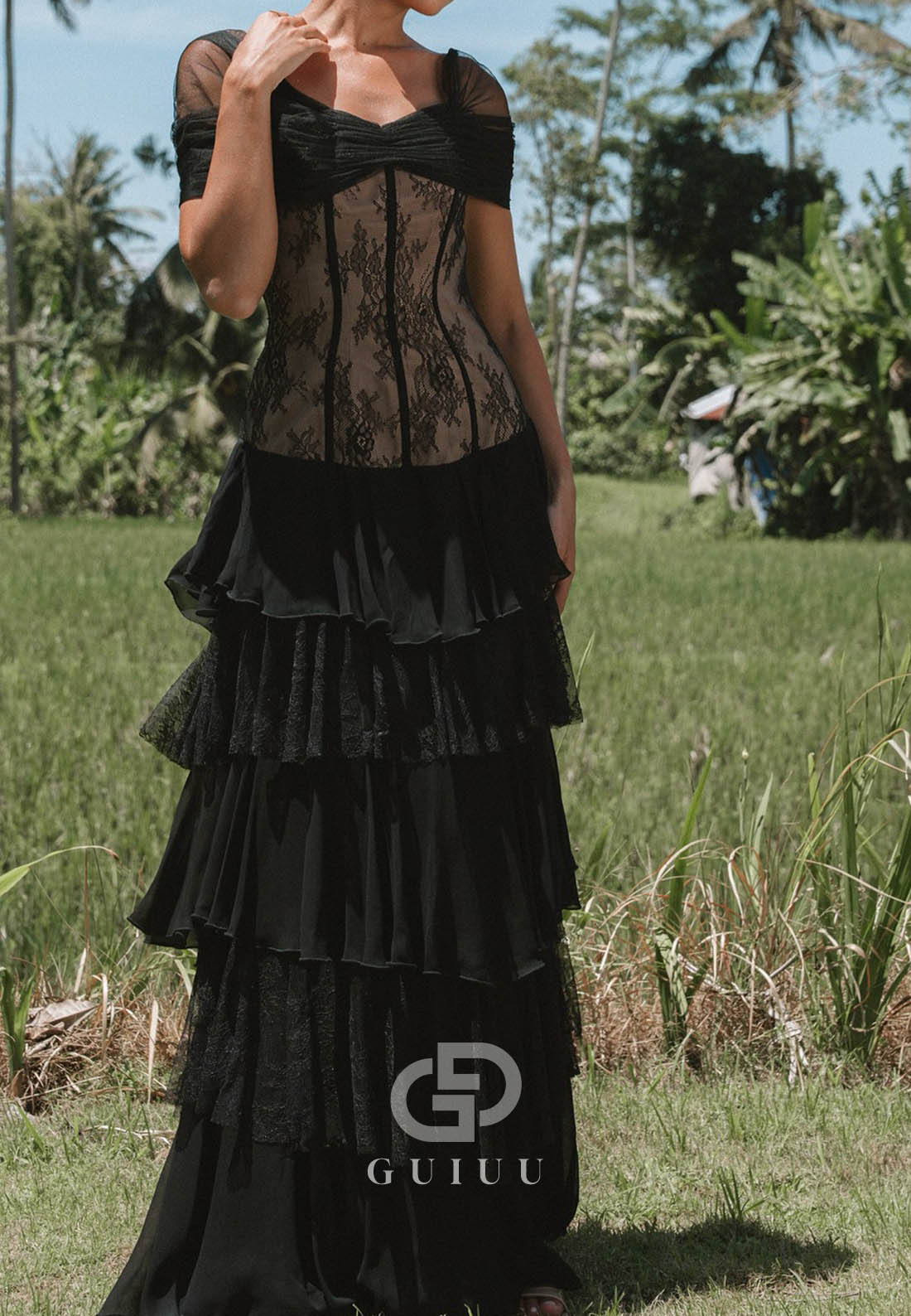 Black Short Sleeves Ruffles A-Line Prom Dress