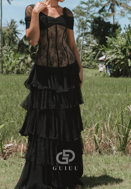 Black Short Sleeves Ruffles A-Line Prom Dress