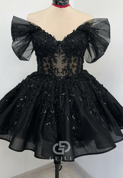 Black Short Sleeves V-Neck Corset Tulle Wedding Dress