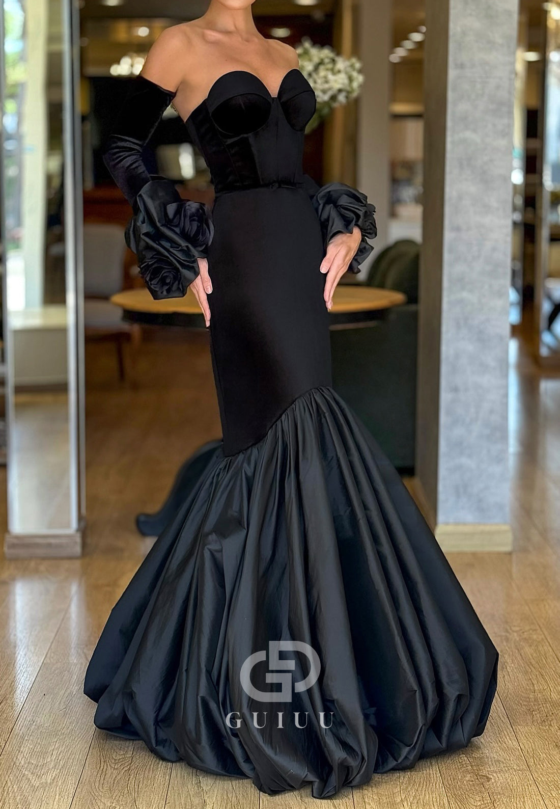 Black Long Sleeves Sweetheart Corset Mermaid Evening Dress