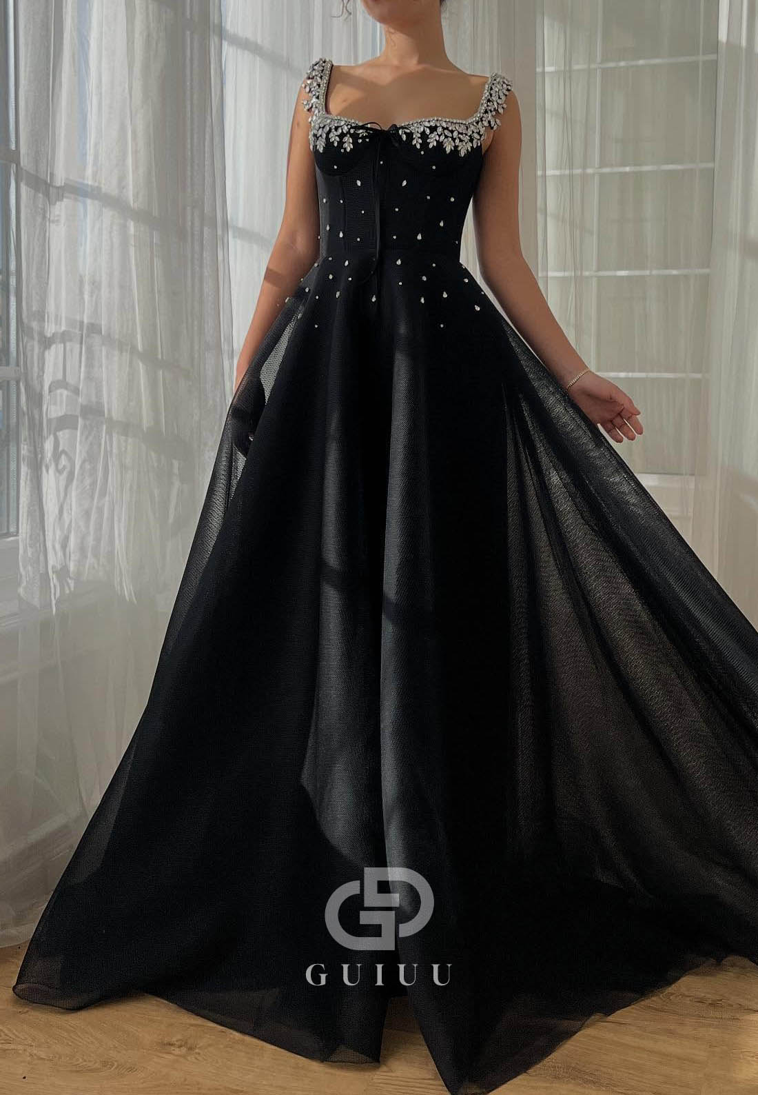 Black Spaghetti Straps Scoop Beads Prom Dress