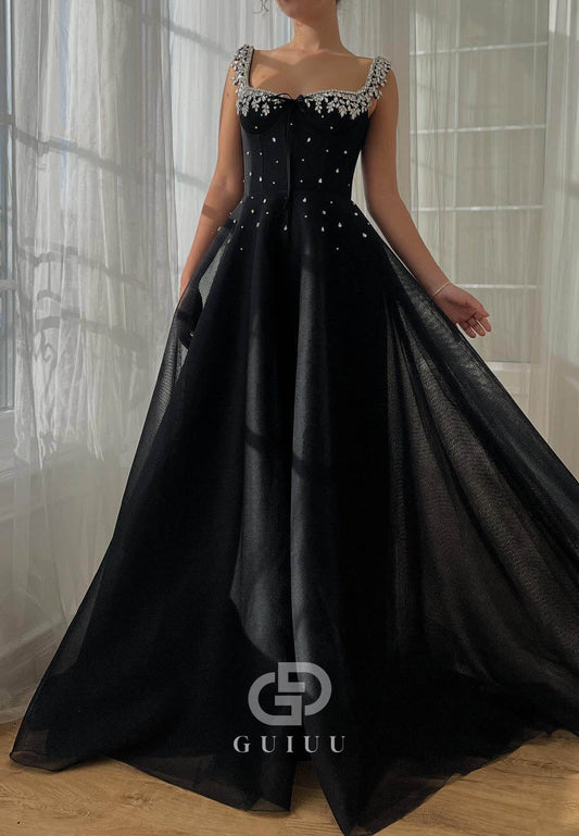 Black Spaghetti Straps Scoop Beads Prom Dress