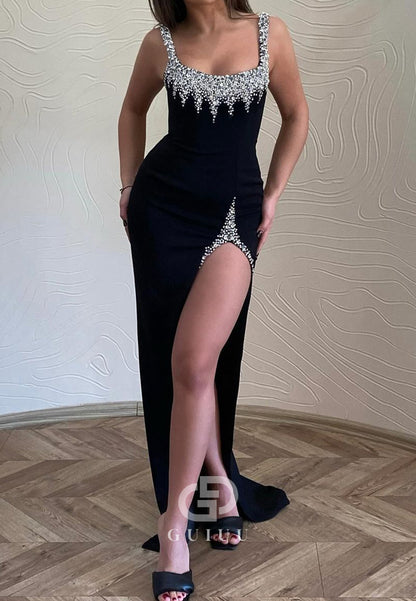 Black Spaghetti Straps Scoop Beads Slit Prom Dress