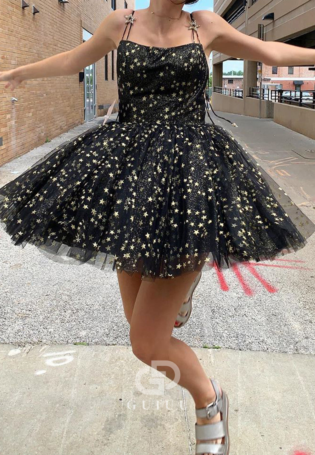 Black Spaghetti Straps Scoop Stars Printed Short Homecoming Dress