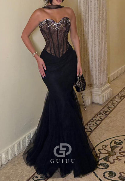 Black Spaghetti Straps Sweetheart Corset Mermaid Prom Dress