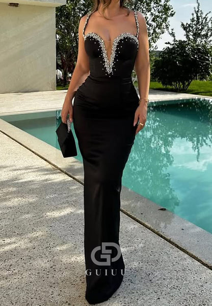 Black Spaghetti Straps Sweetheart Prom Dress with Beads Evening Party Dress