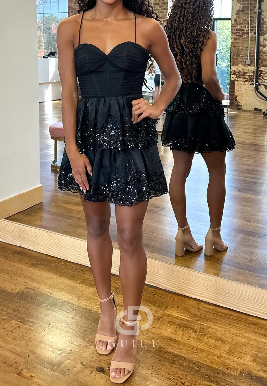 Black Spaghetti Straps Sweetheart Ruffles Homecoming Dress