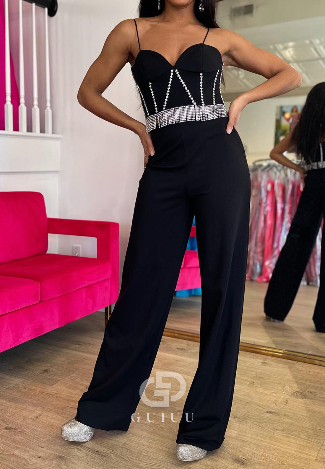 Black Spaghetti Straps Sweetheart Sequins Jumpsuit Prom Dress