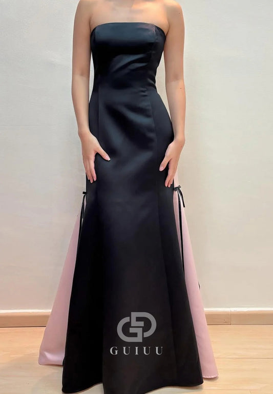 Black Strapless Sleeveless A-Line Scoop Satin Long Prom Formal Dress