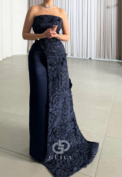 Black Strapless Sleeveless Floral Appliques Evening Dress
