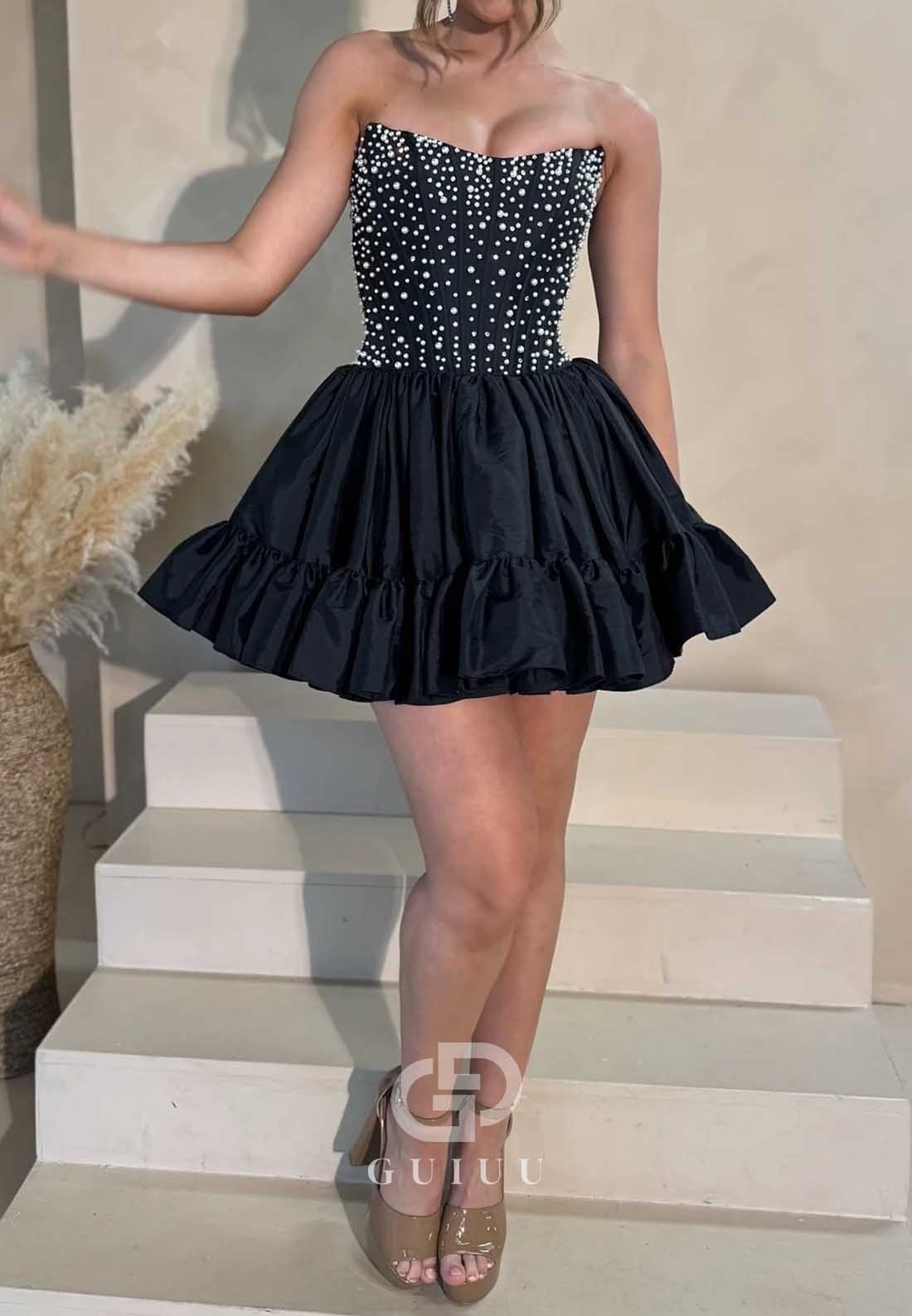 Black Strapless Sleeveless Pearls A-Line Homecoming Dress