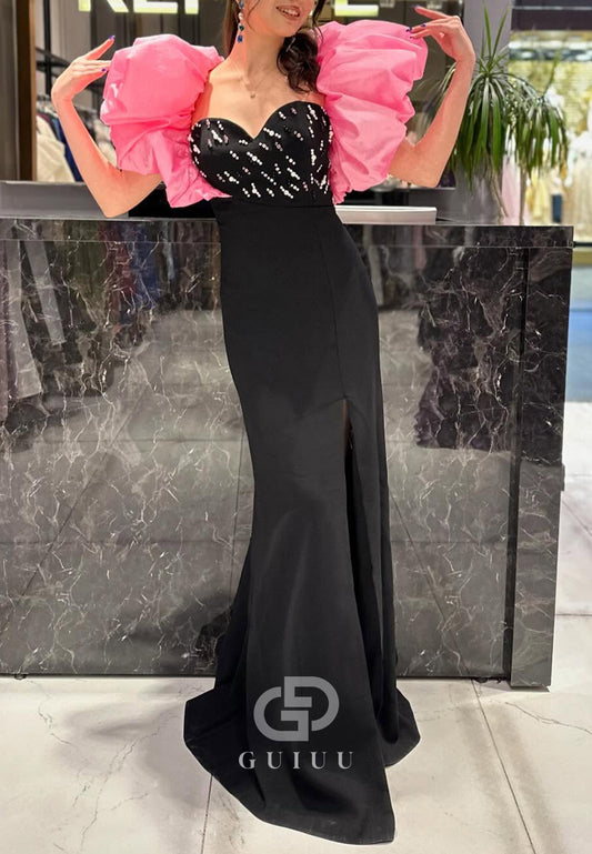 Black Sweetheart Cape Beads Slit Prom Dress