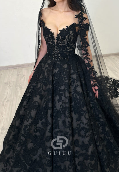 Black Sweetheart Sleeveless Appliques A-Line Wedding Dress