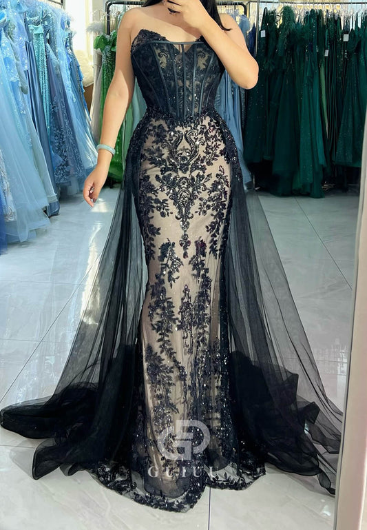Black Sweetheart Sleeveless Appliques Corset Tulle Prom Dress