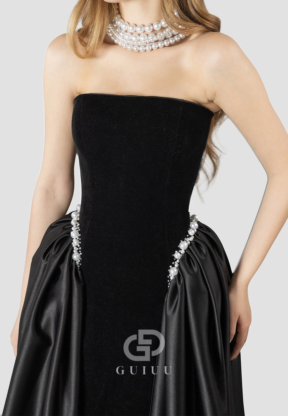 A-Line Strapless Sleeveless Pearls Embroidered Dress