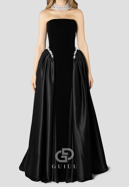 A-Line Strapless Sleeveless Pearls Embroidered Dress