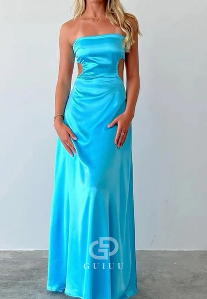 Blue Backless Strapless A-Line Scoop Pleats Satin Long Party Prom Dress