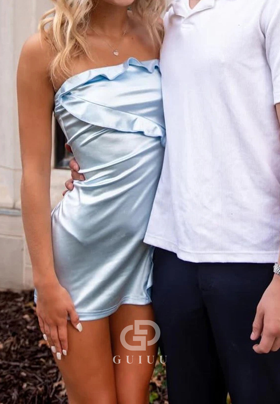 Mist Cute Strapless Ruffles Satin Pleats Mini Party Homecoming Dress