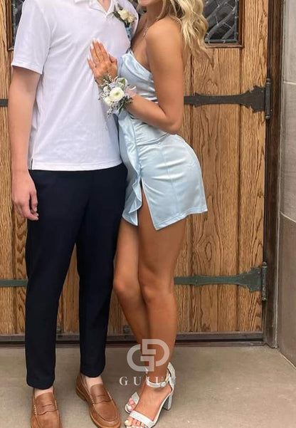 Mist Cute Strapless Ruffles Satin Pleats Mini Party Homecoming Dress