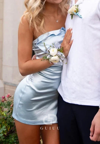 Mist Cute Strapless Ruffles Satin Pleats Mini Party Homecoming Dress