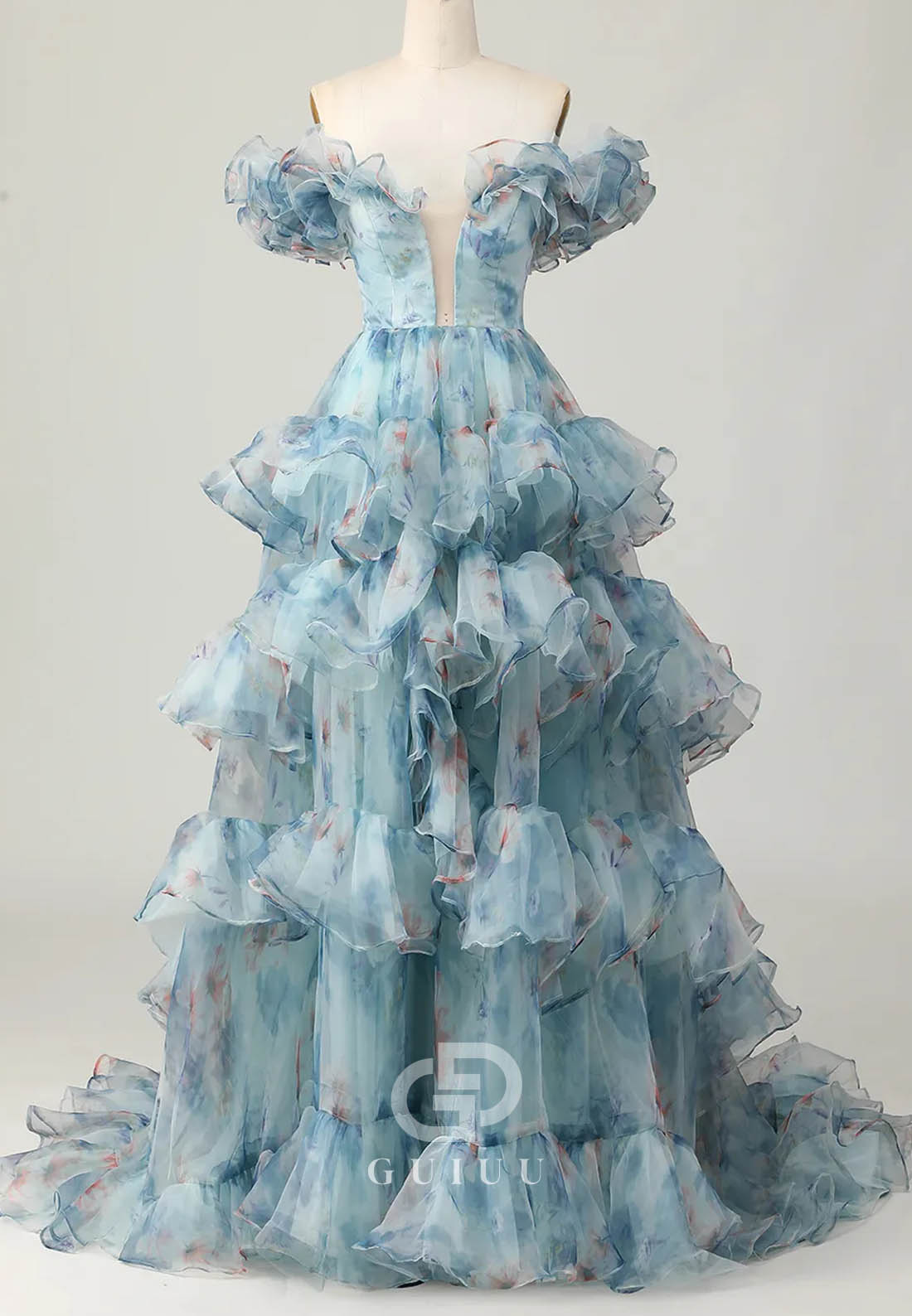 Blue Floral Print Off-Shoulder Princess Organza Ruffles Long Prom Dress