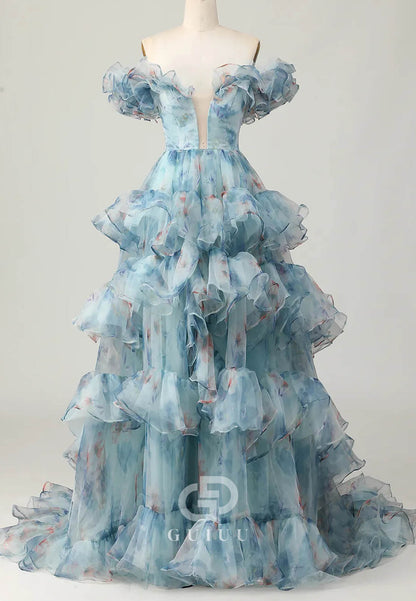 Blue Floral Print Off-Shoulder Princess Organza Ruffles Long Prom Dress
