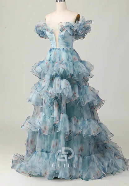 Blue Floral Print Off-Shoulder Princess Organza Ruffles Long Prom Dress