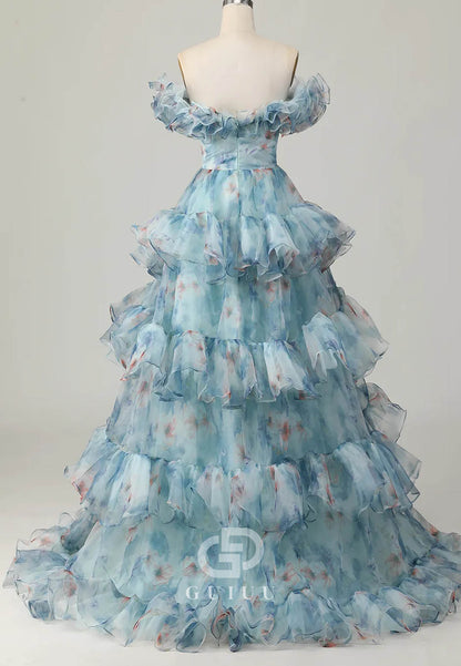 Blue Floral Print Off-Shoulder Princess Organza Ruffles Long Prom Dress