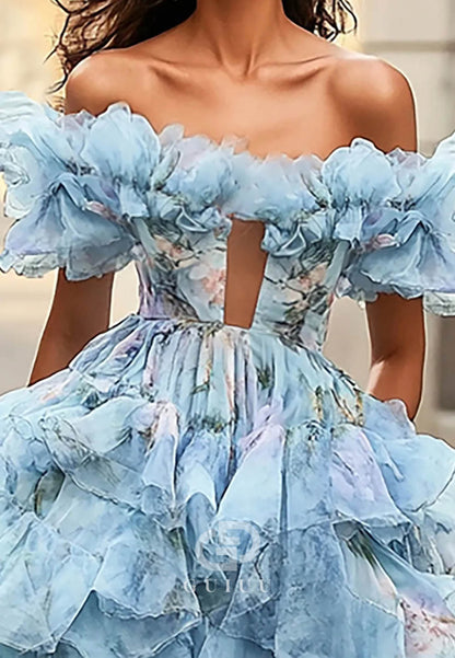 Blue Floral Print Off-Shoulder Princess Organza Ruffles Long Prom Dress