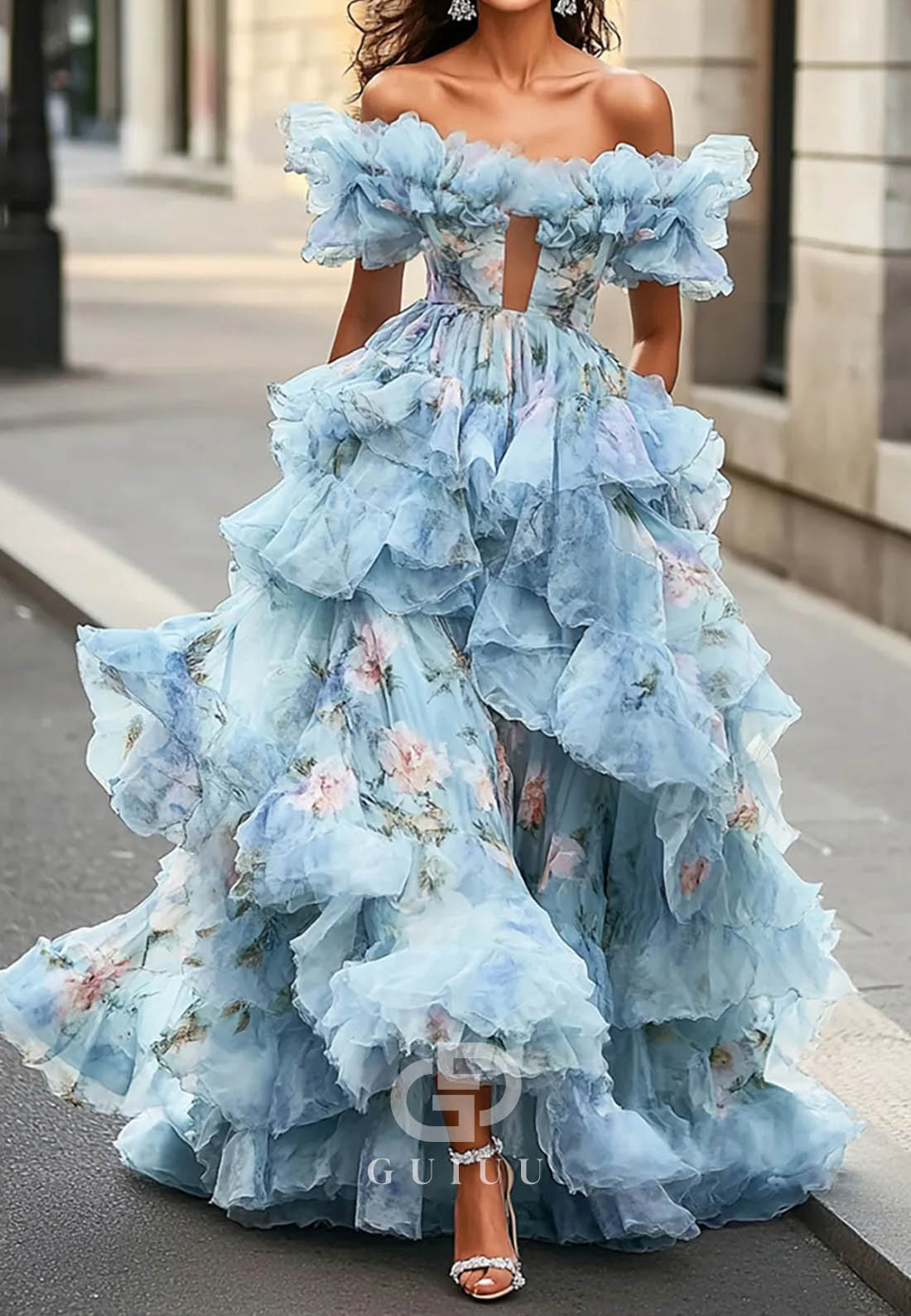 Blue Floral Print Off-Shoulder Princess Organza Ruffles Long Prom Dress