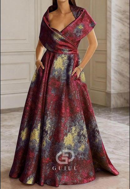 A-Line Evening Gown Short Sleeve Queen Anne Pocket Nylon