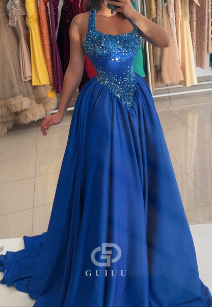 Royal Blue Spaghetti Straps Scoop Sequins Empire-Waist Prom Dress