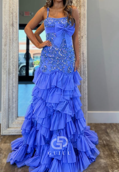 Blue Jay Spaghetti Straps Sweetheart Ruffles Prom Dress