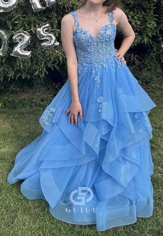Blue Jay Spaghetti Straps V-Neck Ruffles Appliques Prom Dress