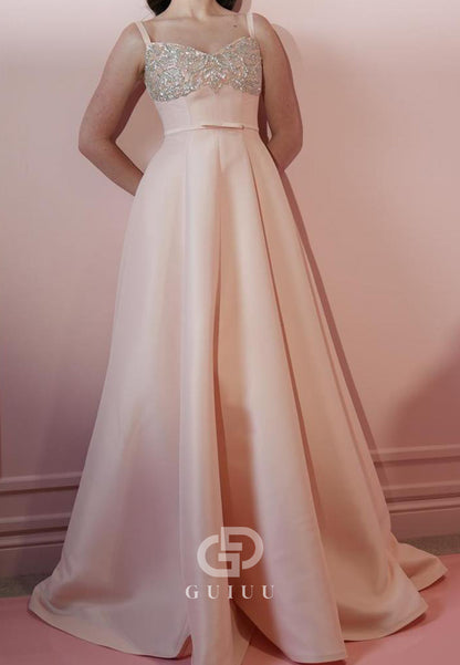 Bluhsing Pink Spaghetti Straps Sequins Empire-Waist Evening Dress