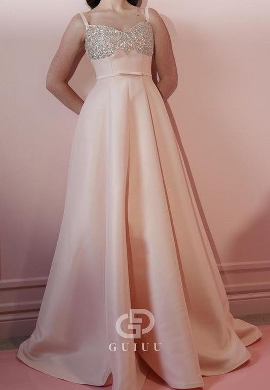 Bluhsing Pink Spaghetti Straps Sequins Empire-Waist Evening Dress