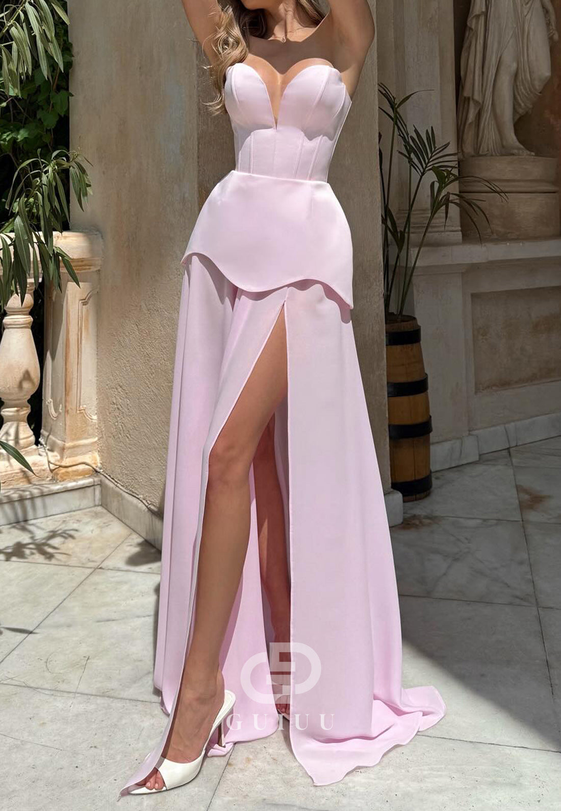 Blushing Pink Strapless Sleeveless Slit Evening Dress