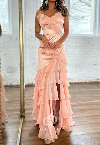 Rose Petal Satin Spaghetti Straps Mermaid Zipper Back Long Prom Dress With Ruffles