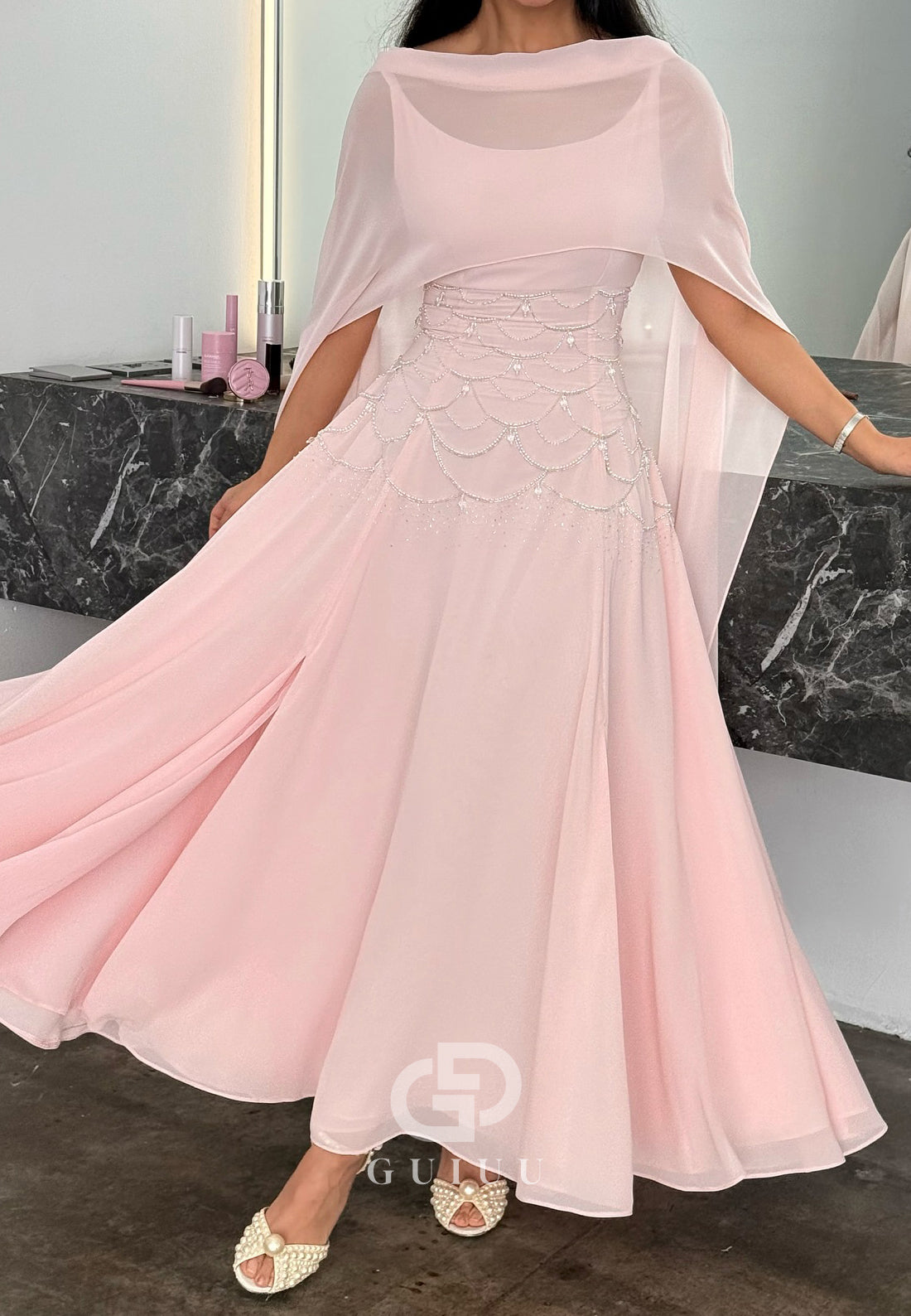 Blushing Pink Cape Empire-Waist A-Line Prom Dress