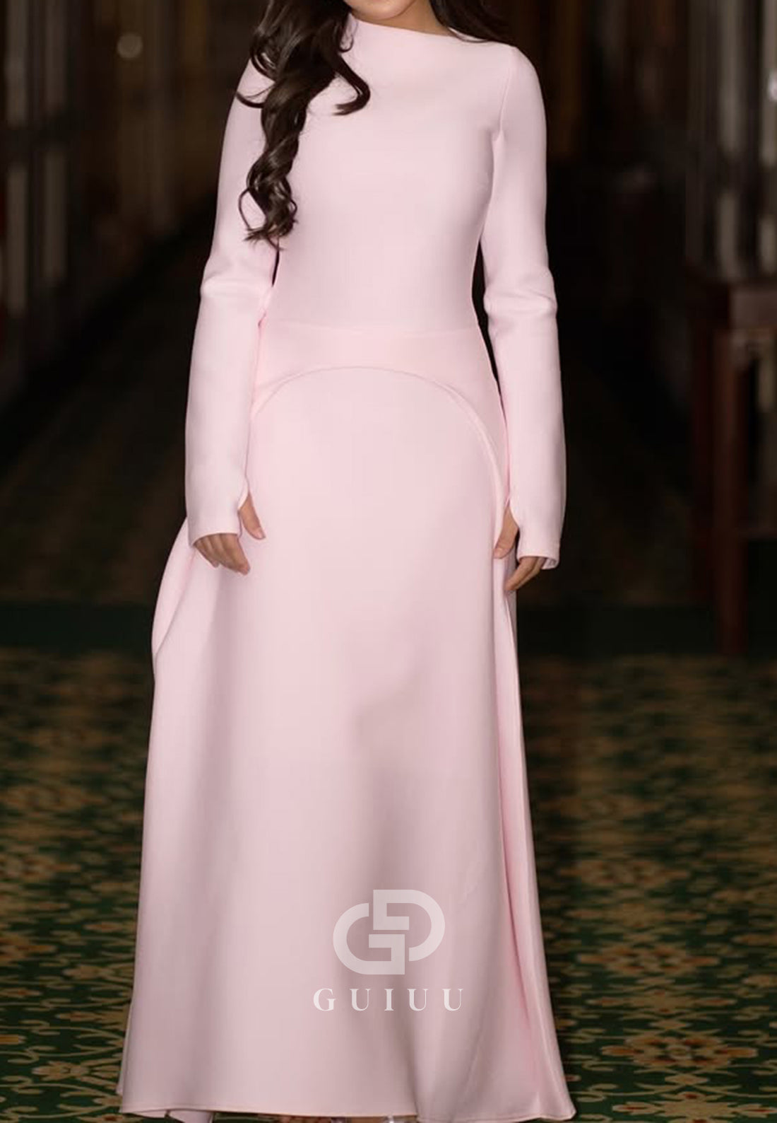 Blushing Pink Long Sleeves Asymmetrical Satin Evening Dress