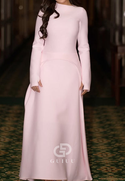 Blushing Pink Long Sleeves Asymmetrical Satin Evening Dress