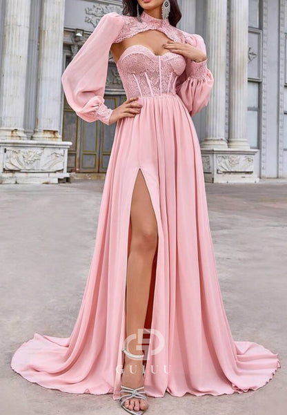 Blushing Pink Long Sleeves High Neck Slit Evening Dress